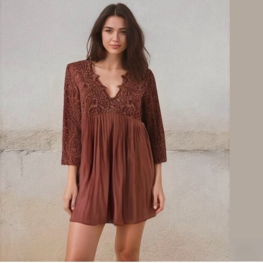 Zara Terracotta Pleated Guipure Lace Dress Size Medium